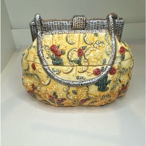 Vtg Porcelain Purse Shaped Cookie Jar Yellow, Green, Silver and Red